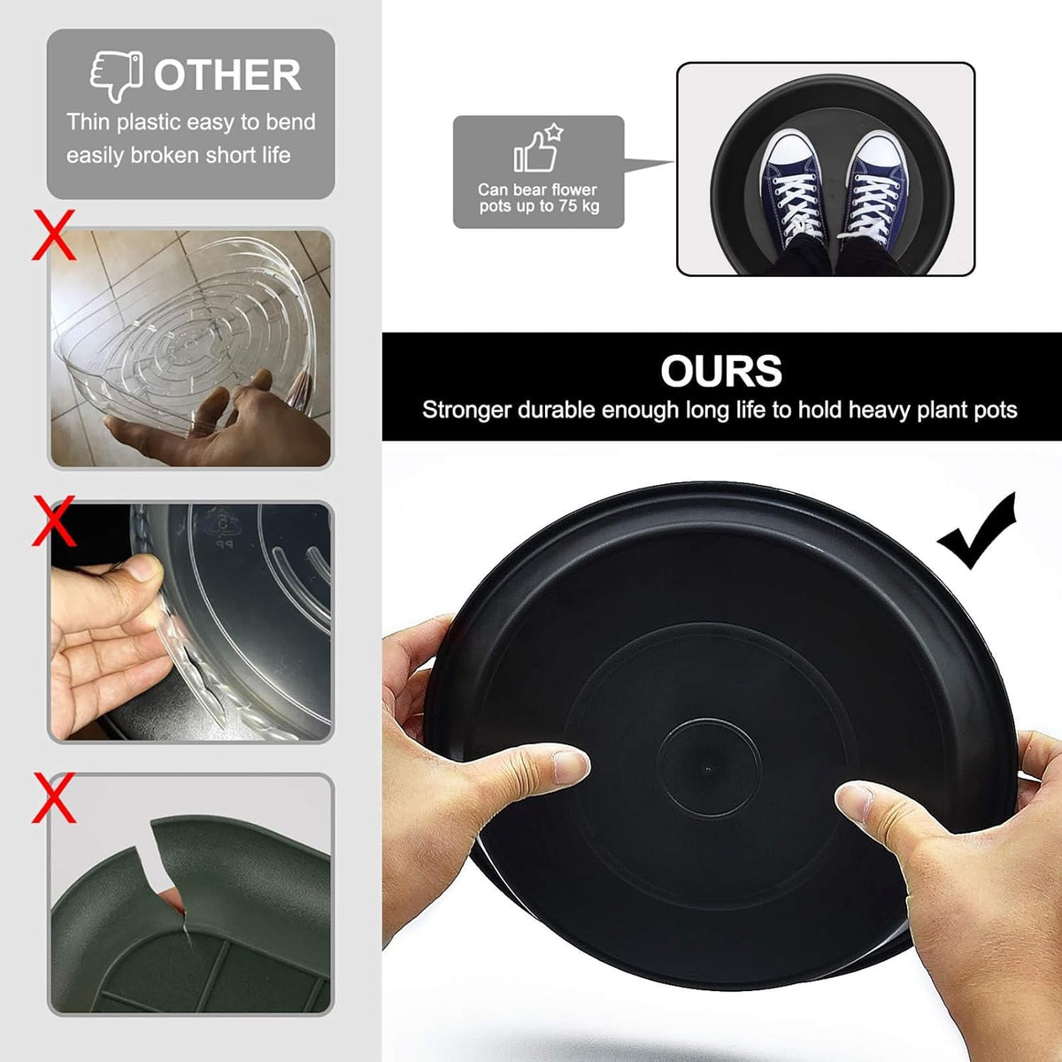 TITE Plant Saucer 16 inch,Heavy Large Planter Durable Thicker Plastic Plant Trays for Indoors and Outdoor,Plant Saucer Drip Trays,Black (16 inch, Black)