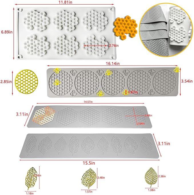 5PCS Tuile Molds Silicone Honeycomb Leaf Baking Mold,Acxydm Honeycomb Mold Silicone and Leaves, Fondant Molds with Bee Silicone and Leaf Mold, 3D Chocolate Molds Set for Making Sugar Craft,Cupcakes