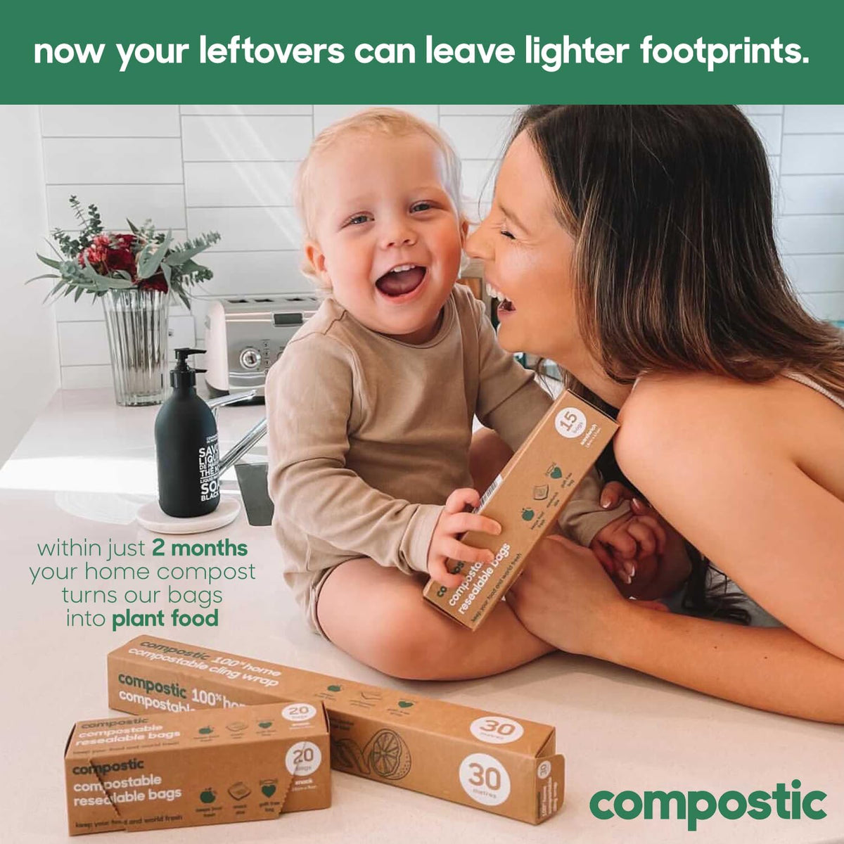 Home Compostable Resealable Snack Bags (6"x 3.5"), Microwave & Freezer Safe, Organic Food Storage Container, 100 Count (Pack of 2)