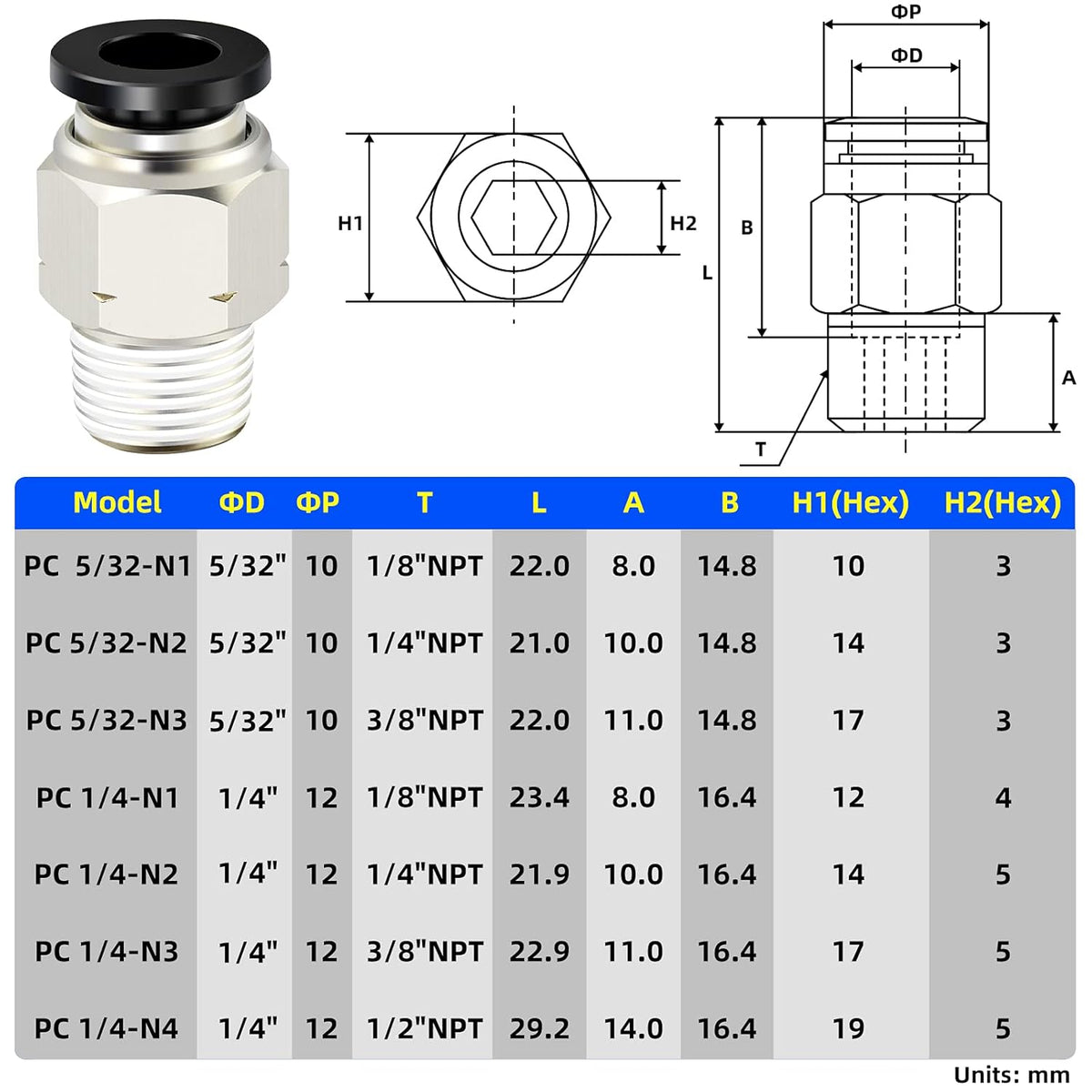 TAILONZ PNEUMATIC Elbow and Straight Combination 5/32 Inch Tube OD x 1/4 Inch NPT Thread Push to Connect Fittings PC-5/32-N2+PL-5/32-N2(Pack of 4)