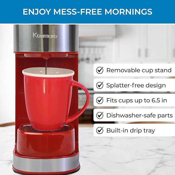 Kenmore Single Serve Coffee Maker – 6–12 Oz Brew Sizes, Compatible with Keurig K‑Cup Pods & Ground Coffee, One Cup Brewer, Travel Mug Friendly, Auto Shut‑Off, Hot & Iced maquina de cafe, Red