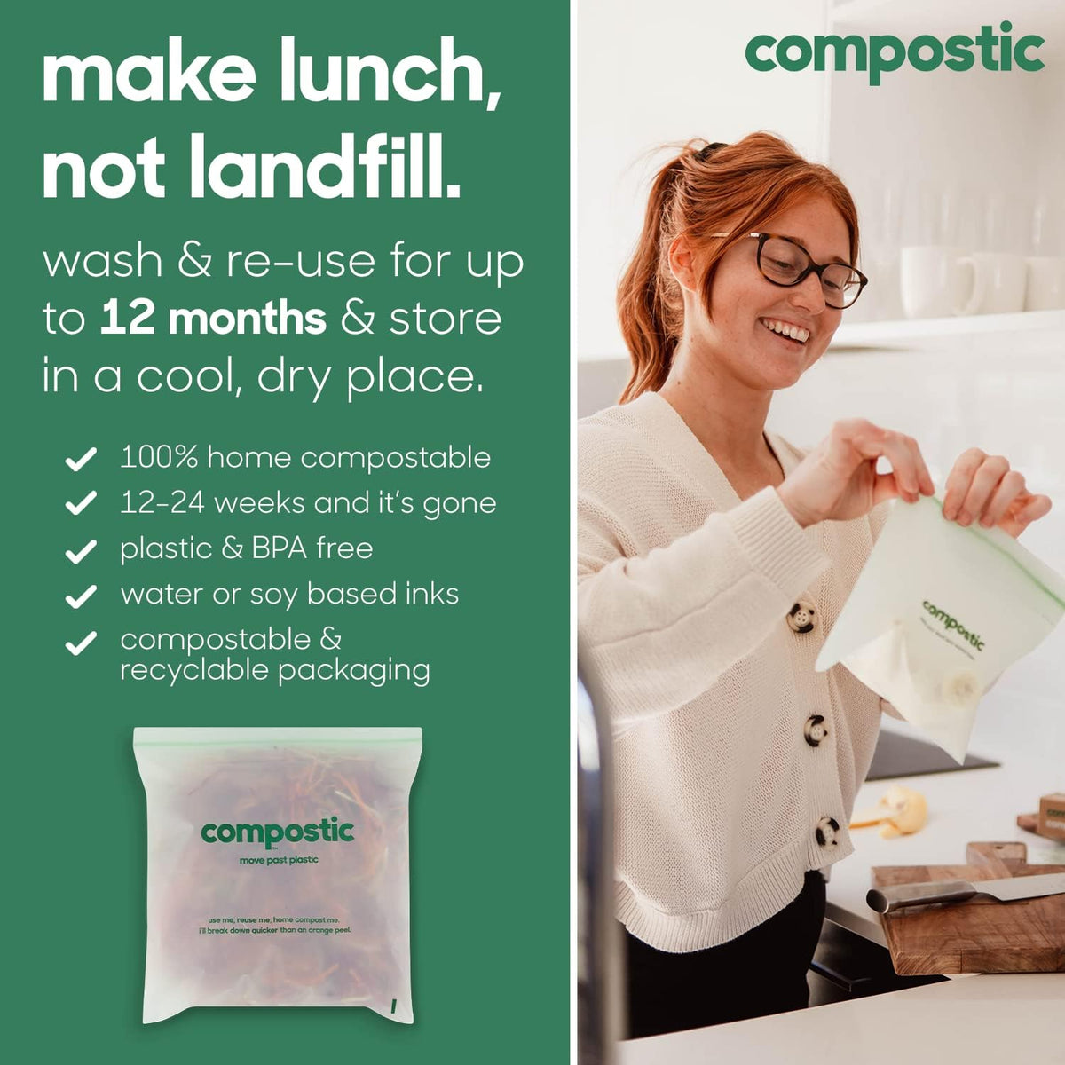 Home Compostable Resealable Gallon Bags (10.5"x10.5"), Microwave & Freezer Safe, Organic Food Storage Container, 100 Count (Pack of 1)