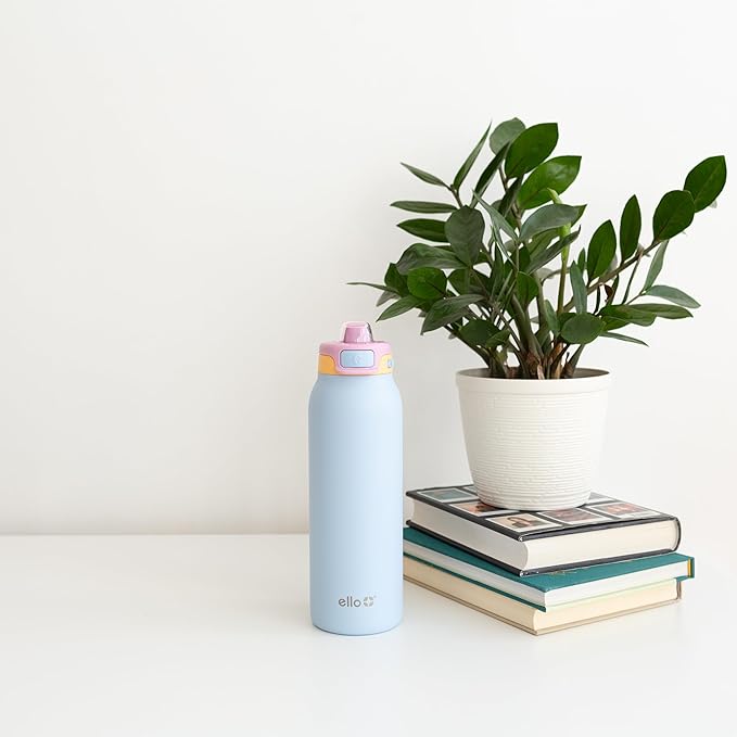 Ello Pop & Fill 32oz Stainless Steel Water Bottle with Quick Fill Technology, Double Walled and Vacuum Insulated Metal, Leak Proof Locking Lid, Sip and Chug, Reusable, BPA Free, Coastal Sunrise