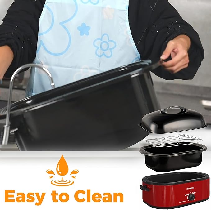 18Qt Roaster Oven Buffet with Self-Basting Lid, 1450W Stainless Steel Electric Turkey Roaster Oven with Cool-Touch Handles, Removable Pan and Rack, Red