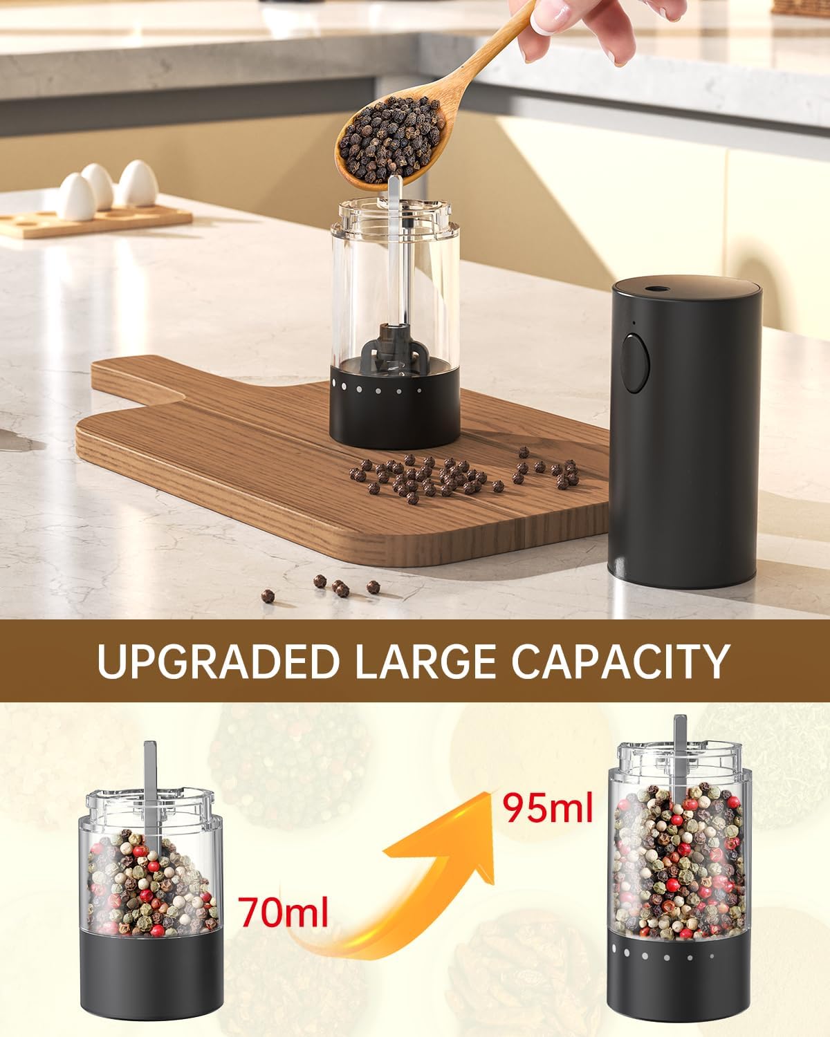 CIRCLE JOY Rechargeable Electric Pepper Grinder, Salt Grinder Pepper Mill with Washable 95ml Container, White LED Light and External Adjustable Coarseness, Black