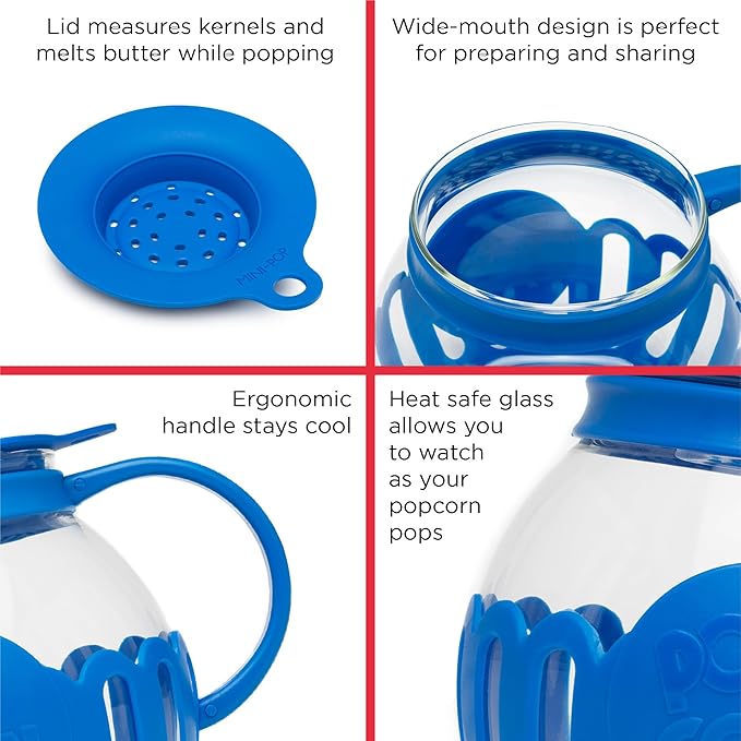 Ecolution Patented Micro-Pop Microwave Popcorn Popper with Temperature Safe Glass,3-in-1 Lid Measures Kernels and Melts Butter,Made Without BPA,Dishwasher Safe,3-Quart,Blue,(Pack of 4)