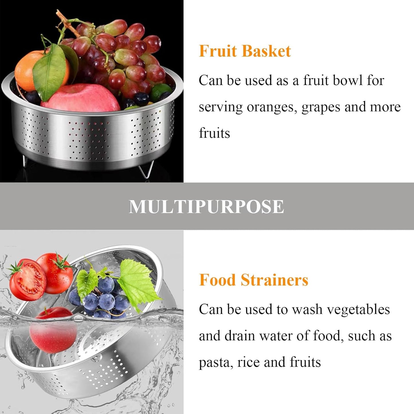 Vegetable Steamer Basket, Veggie Steaming Basket for Cooking, Stainless Steel Steamer Insert for Pot, 7.9 inch
