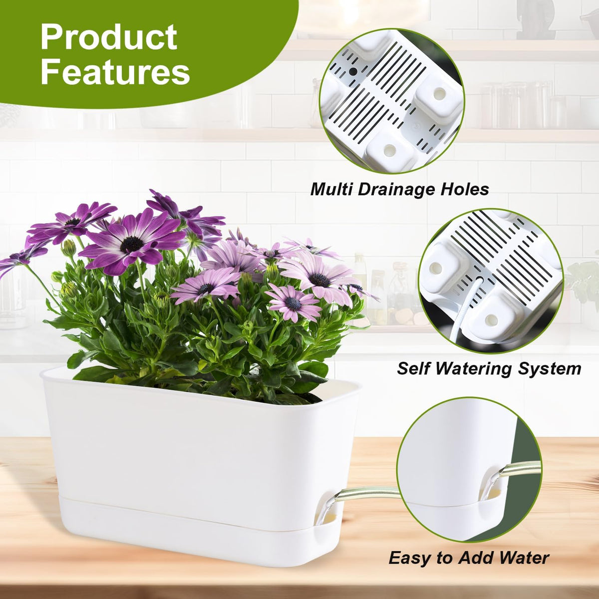 Herb Garden Planter Indoor Kit Self Watering Pots for Indoor/Outdoor Plants 4 Packs Windowsill Plant Pots with Drainage and Tray, Window Pot for Indoor Plants