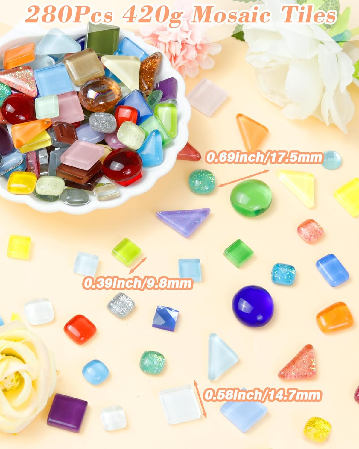 FIVEIZERO 420g Mosaic Tiles for Crafts - 280Pcs Glass Mosaic Kits, Mixed Shapes Mosaic Glass Pieces for Art, Irregular Tiny Mosaic Tile for DIY Projects, Home Decoration(Mix)