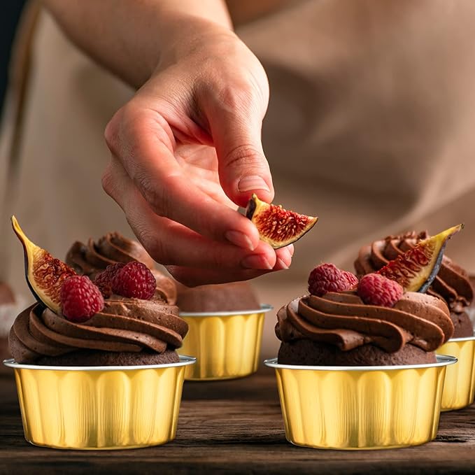 Tessco for you 100 Pcs Disposable Ramekins with Lids 8 oz Creme Brulee Ramekin Aluminum Foil Cup Cupcake Liner Baking Valentines Disposable Muffin Tin Pan Cheesecake Container (Yellow,Silver)