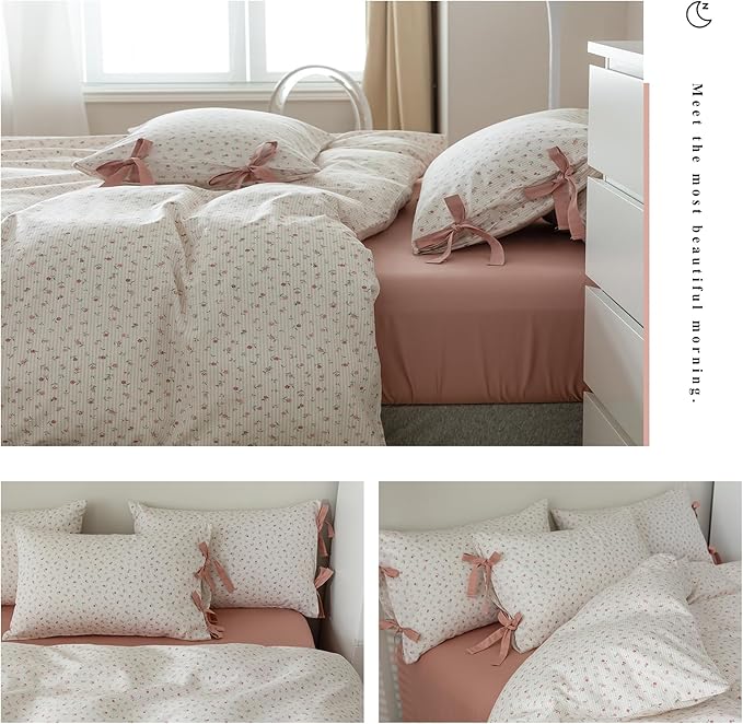 Girls Pink Floral Comforter Set Queen 3 Pieces Floral Cottagecore Bedding Comforter with 2 Bowknot Pillowcases Soft Fluffy Pink Stripes Bedding Set Aesthetic Cute Flowers Comforter Set for Girls Women