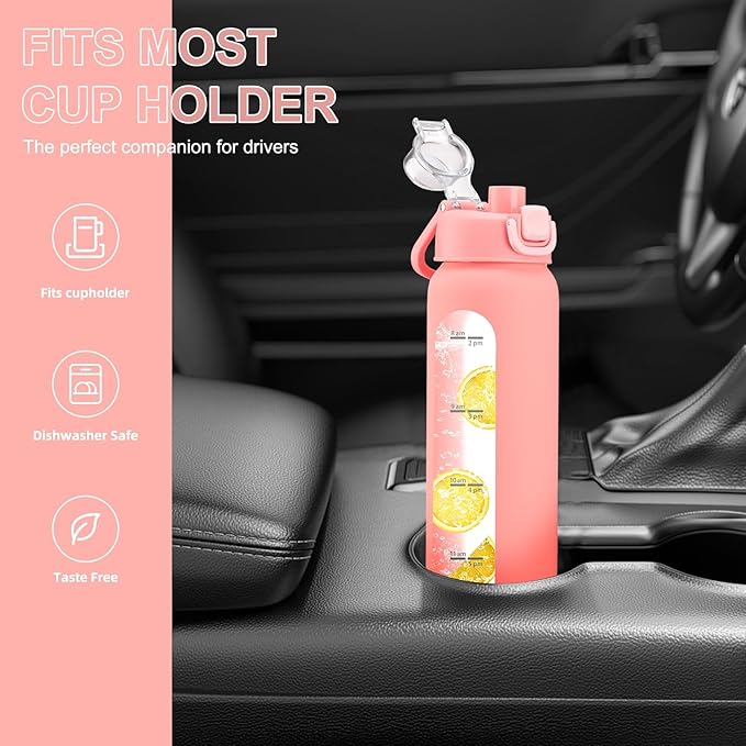 chunmo 32 oz Glass Water Bottles with 2 Lids-Handle Spout Lid & Straw Lid, 1 Liter Motivational Borosilicate Water Bottle with Time Marker and Silicone Sleeve,Leakproof-Pink-1 Pack