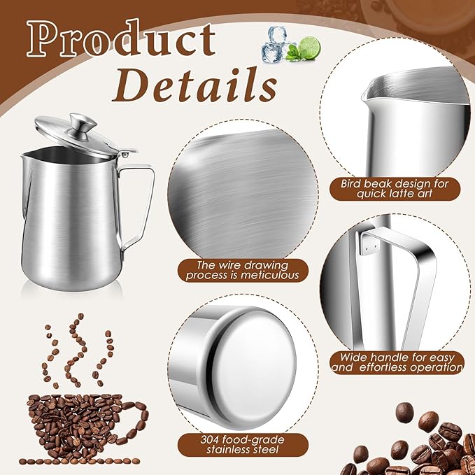 2 Pcs 67 oz/ 2 L Stainless Steel Pitcher with Lid Large Capacity Stainless Steel Metal Water Pitcher with Handle Milk Frothing Jug for Coffee Iced/Hot Tea Latte Art Homemade Beverages