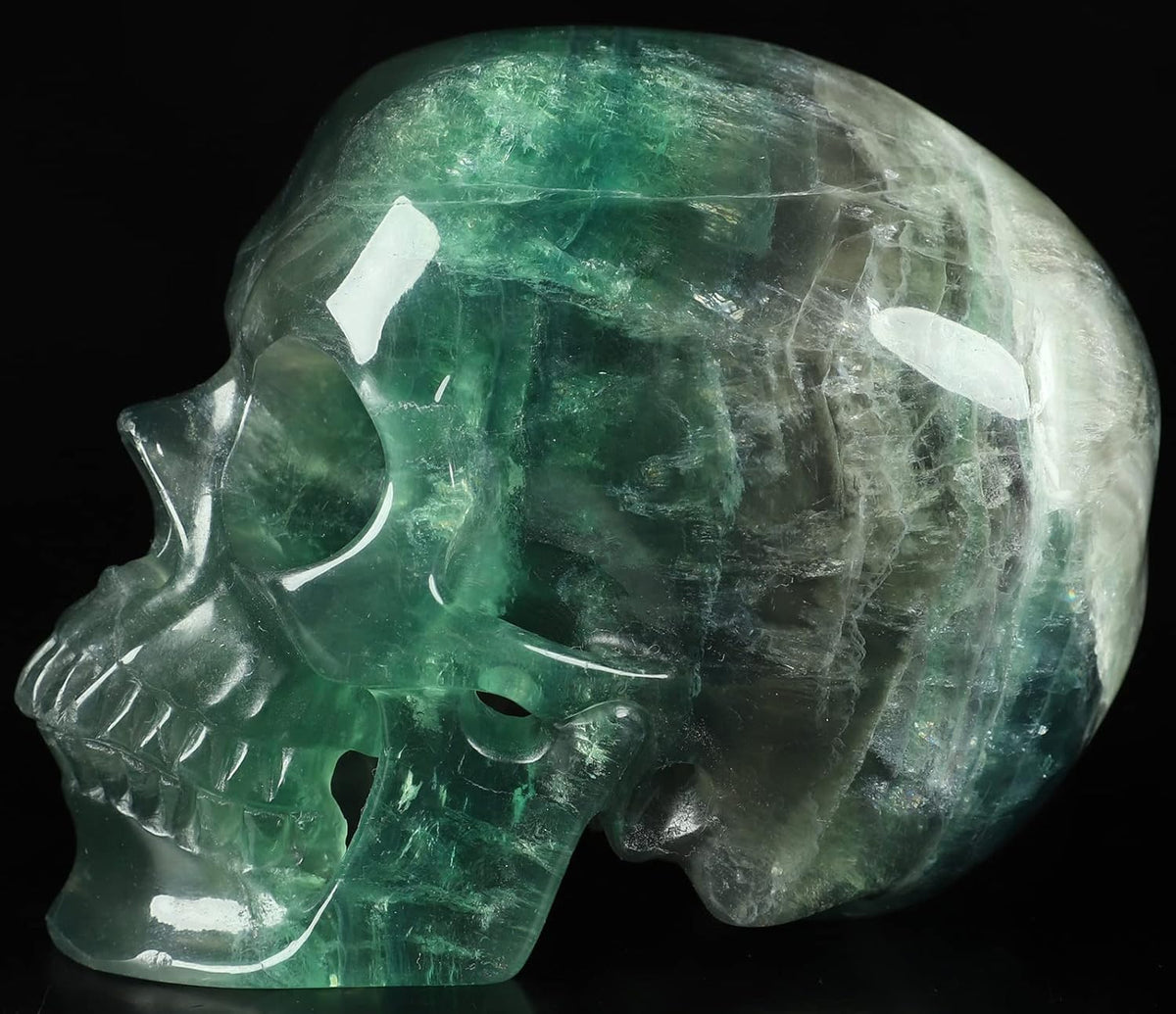 Skullis 5.0" Fluorite Super Realistic Crystal Skull, Hand Carved Gemstone Fine Art Sculpture, Reiki Healing Stone Statue.2212 Z8