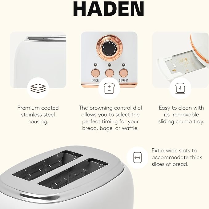 Haden Heritage 2 Slice Wide Slot Stainless Steel Toaster with Adjustable Browning Control & Non-Slip Feet, Ivory & Copper