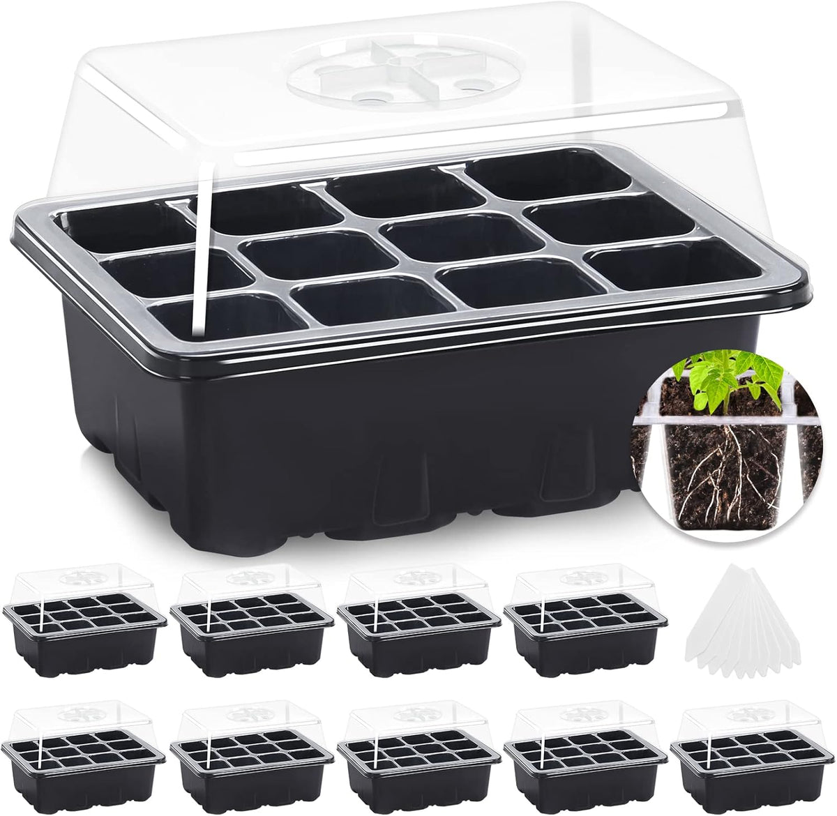 MIXC 10 Packs Seed Starter Tray Seed Starter Kit with Humidity Dome (120 Cells Total Tray) Seed Starting Trays Plant Starter Kit and Base Mini Greenhouse Germination Kit for Seeds Growing Starting