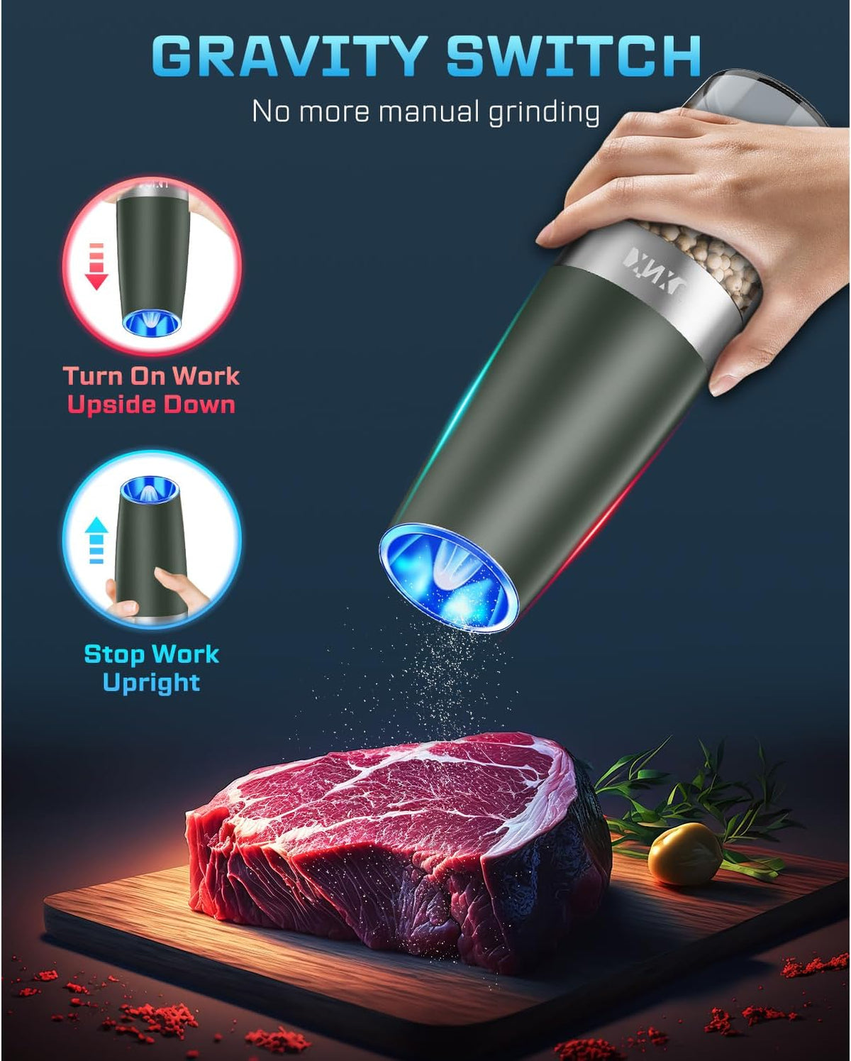 XinXu Gravity Electric Pepper and Salt Grinder Set, Automatic Mill Grinder Shaker,Battery-Operated, Adjustable Coarseness, Stainless Steel, LED Light, One Hand Operated,Dark Green