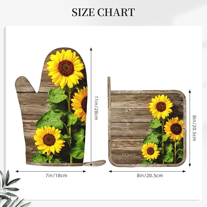 Sunflower Wooden Retro Oven Mitts and Pot Holders Sets of 4, Heat Resistant Silicone Oven Mittens and Potholders Gloves Hot Pads for Kitchen Cooking Baking Grilling BBQ Chef