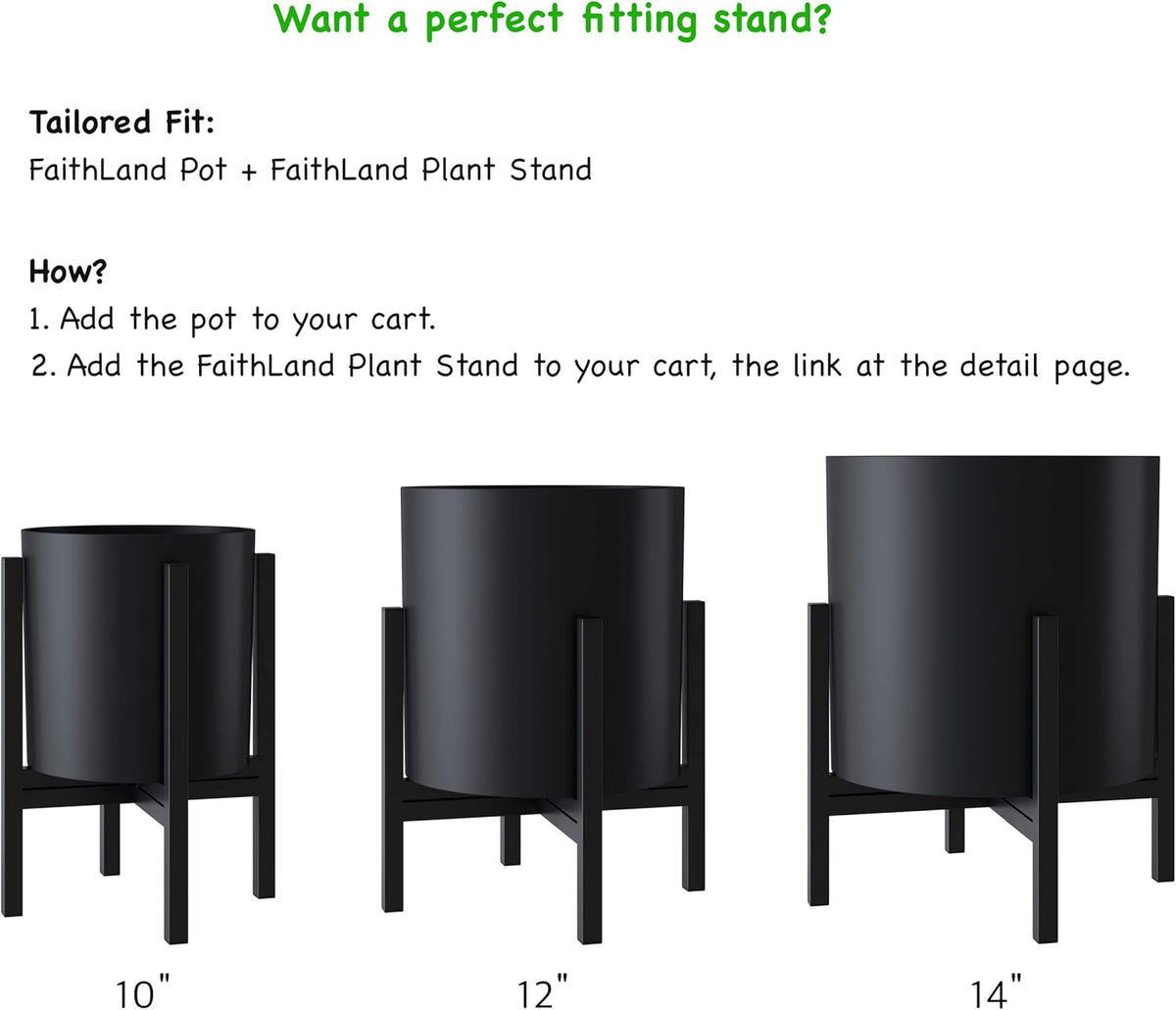 FaithLand Plant Pot 12 inch - Perfectly Fits Mid-Century Modern Plant Stand - Drainage Plug and Drainage Mesh Screen - Matte Black