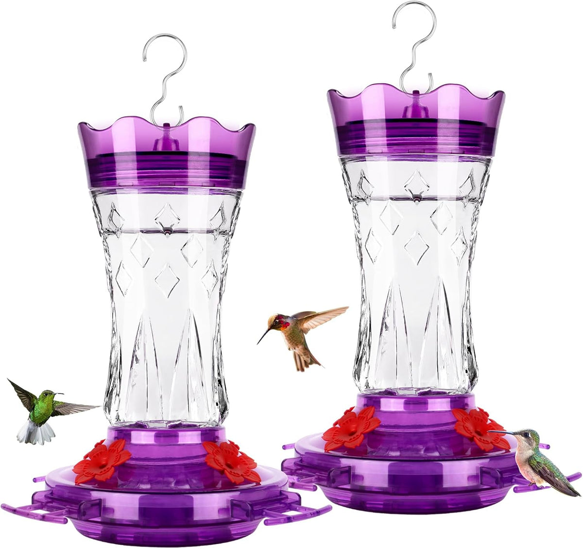 Hummingbird Feeders for Outdoors Hanging, BOLITE Glass Hummingbird Feeder, 4 Bee Guard Feeding Ports, Built-in Ant Moat, Leak Proof, 15 Ounces, Stars Decor, Purple, 2 Pack, Gifts for Women Men