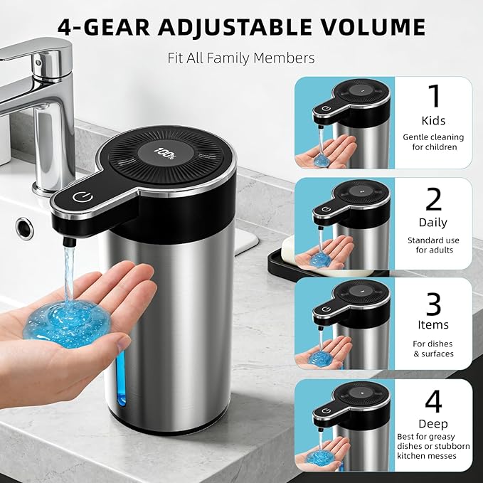 Automatic Liquid Soap Dispenser Touchless, 304 Stainless Steel Bottle Body & 13.5oz/400ml Rechargeable, 4 Adjustable Liquid Levels, IPX5 Waterproof,Level Display for Bathroom Kitchen