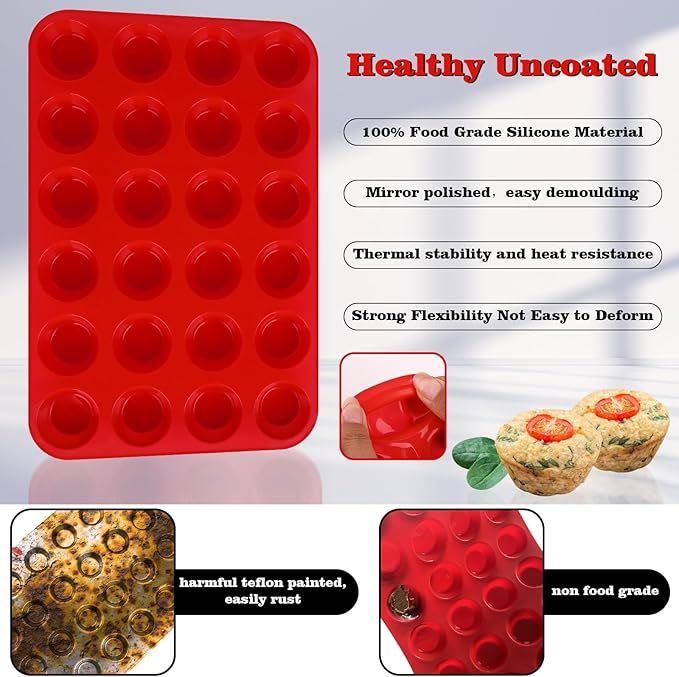 Sakolla 2 Pack Silicone Muffin Pan, Nonsticks 24 Cups Mini Cupcake Pans for Baking Muffin, Egg Bite, Cupcakes and Puddings (Red)