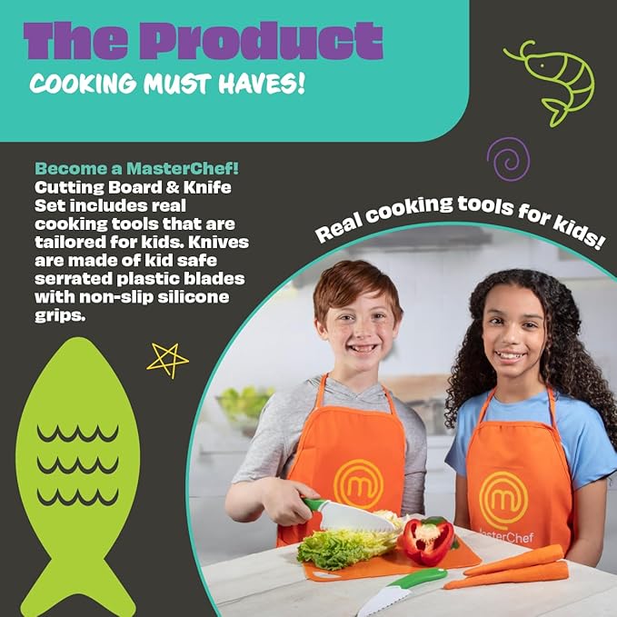 MasterChef Junior Kids Knife & Cutting Board Set- Includes Real Cutting Tools and 15 Cooking Baking Recipes- Silicone Non Slip Grip for Easy Use & Food Safe for Children- Party Activity Supplies Gift