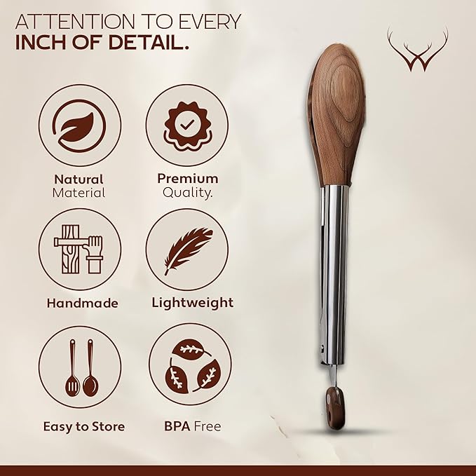 Walnut Wooden Tongs for Cooking - Premium Kitchen Set and Kitchen Utensils Tool, Heat-Resistant and Durable, Ideal Tongs for Cooking, Grilling, and Serving, (Walnut)