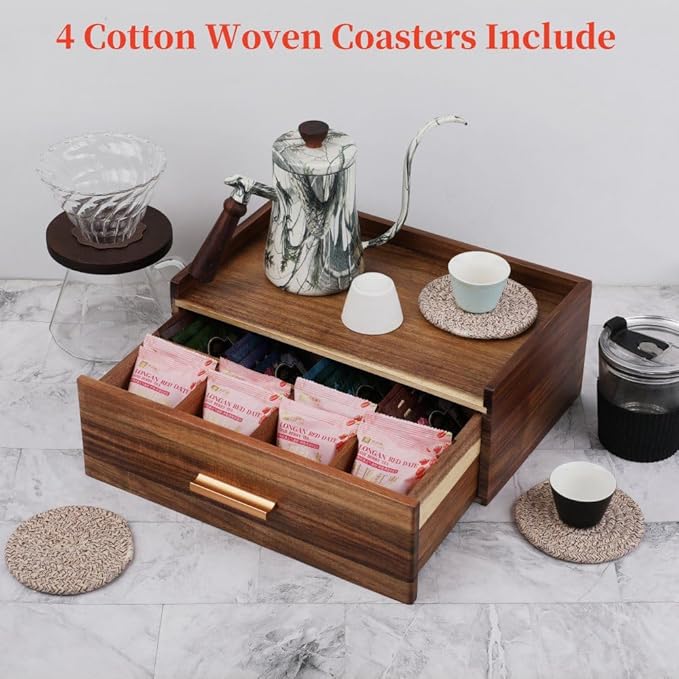 Tea Organizers and Storage Box Tea Station organizer for Countertop with 4 Cotton Woven Coasters Acacia Wood Tea Bag Organizer Drawer Teabag Holder with 8 Compartments Wooden Sugar Packet Holder