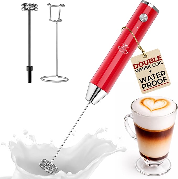 Zulay Kitchen Rechargeable Milk Frother Handheld Lux - Powerful 2-Speed Motor, Waterproof, 2000mAh Battery - Drink Mixer for Latte, Cappuccino, Matcha & Protein Powder - Scarlet