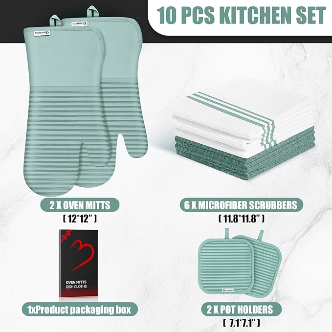 Oven Mitts and Pot Holder Sets with Silicone Grip, 500°F Heat Resistant-6 Pack Dishcloth/Dish Towels for Kitchen 100% Cotton-Value Kitchen Essentials for Cooking, Baking, Grilling-Mint Green