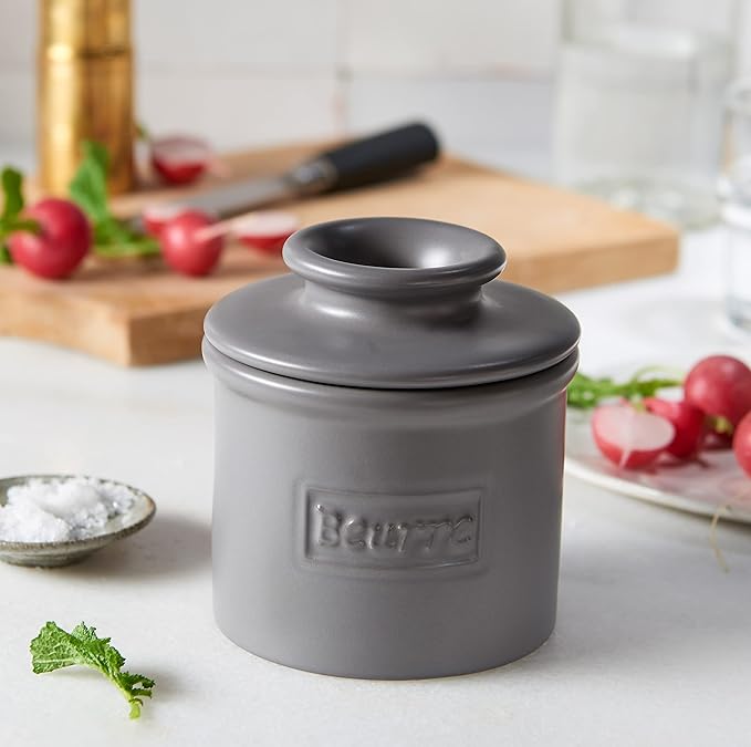 Butter Bell - The Original Butter Bell crock by L Tremain a Countertop French Ceramic Butter Dish Keeper for Spreadable Butter Café Matte + Retro Collection & Steel Gray + Maraschino Red Glossy Finish