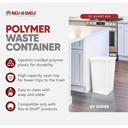 Rev-A-Shelf 35 Quart Kitchen Sink Garbage Can for Base Kitchen and Bathroom Cabinet, Replacement Plastic Trash Bin for Laundry Rooms, White, RV-35-52