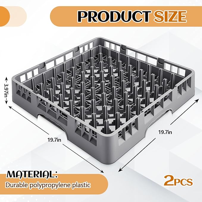 2 Pack Commercial Dishwasher Tray Rack Polypropylene Full Size Flatware Rack for Bowls Plates Knives Forks Cups (Peg Dish,Gray)