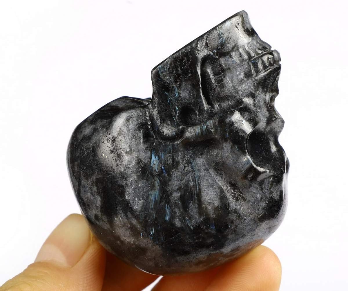 Skullis 2.0” Russian Arfvedsonite Crystal Skull, Hand Carved Gemstone Fine Art Sculpture, Reiki Healing Stone Statue.1