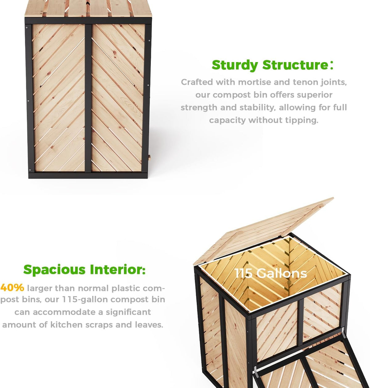 115 Gallon Solid Wood Composter, Outdoor Compost Bin with Pull-Out Door and Flip-Top Lid, Heavy Duty Composting Bin for Outside Backyard, Garden, Patio, Natural