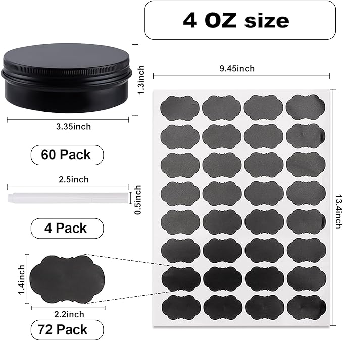 OBKJJ 60 Pack Round Cans with Screw Lid 4 Oz Aluminum Metal Tins DIY Food Candle Containers for Lotion Bars, Balms, Salve, Spices, Beard Balm, Crafts with 4 Markers 2 Sheets Label Stickers
