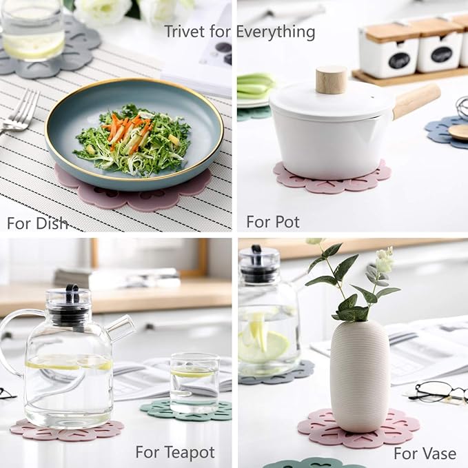 Set of 4 Silicone Trivet Mat - Hot Pot Holder Hot Pads for Table & Countertop - Trivet for Hot Dishes - Non-Slip & Heat Resistant Modern Kitchen Hot Pads for Pots & Pans, Grey