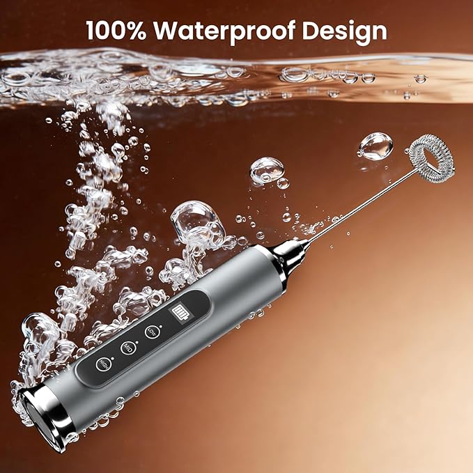 YUSWKO Silver Milk Frother Wand for Coffee with Stand, Handheld Coffee Frother, Rechargeable Drink Mixer, Waterproof Electric Whisk