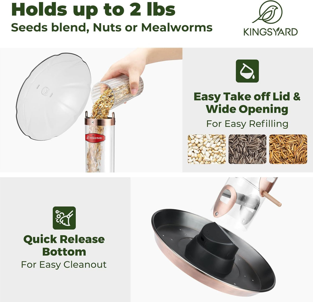 Kingsyard Metal Bird Feeders for Outdoors Hanging, Wild Bird Feeder for Finch Cardinal, Large Tray and Rainproof Dome, 2 lbs Seeds Capacity (Antique Copper)