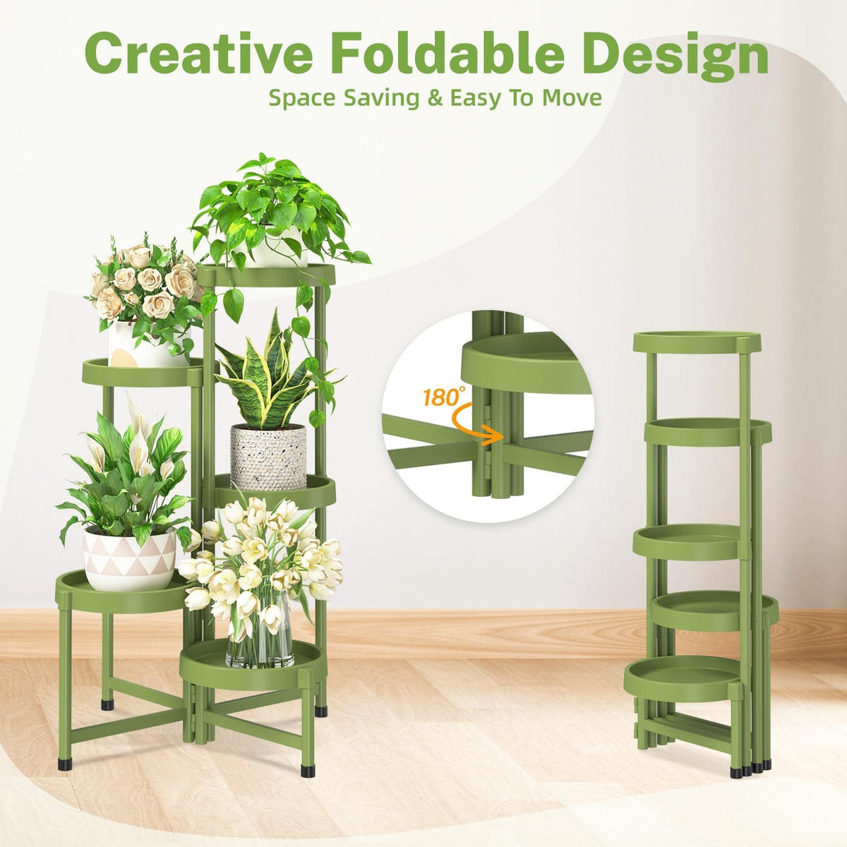 iDavosic.ly 5 Tier Folding Plant Stand Indoor Outdoor with Plastic Tray, Tiered Corner Flower Holder Shelf, Metal Orchid Display Rack for Patio Porch Living Room Garden Balcony, Green