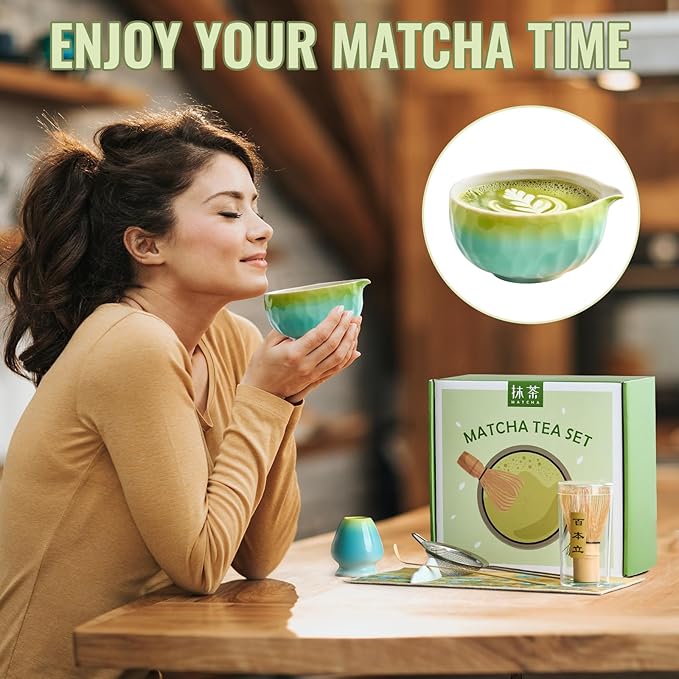 Matcha Whisk Set 7 Pcs, Matcha Kit with Bowl, Whisk and Holder, Bamboo Scoop, Scoop Rest, Sifter & Tea Towel, matcha Tea set Gifts for Matche Lovers Making Latte Breakfast