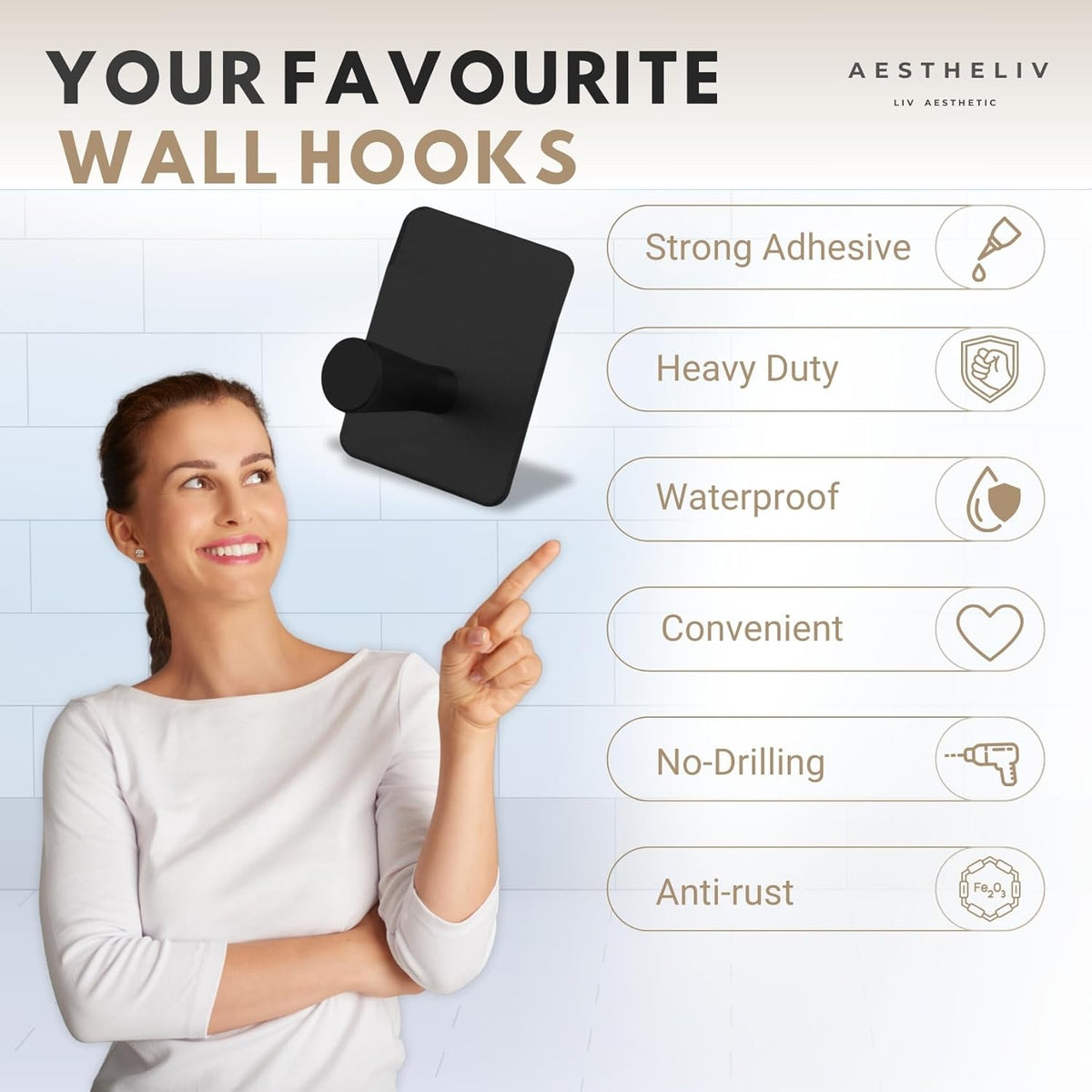 Adhesive Hooks for Hanging - 4 Pack, Heavy-Duty Hooks for Walls No Damage (15lbs) Self-Adhesive Hook for Towles, Robes, Loofhas, Strong Sticky Hook for Closet, Door, Wardrobe. (Black 3)