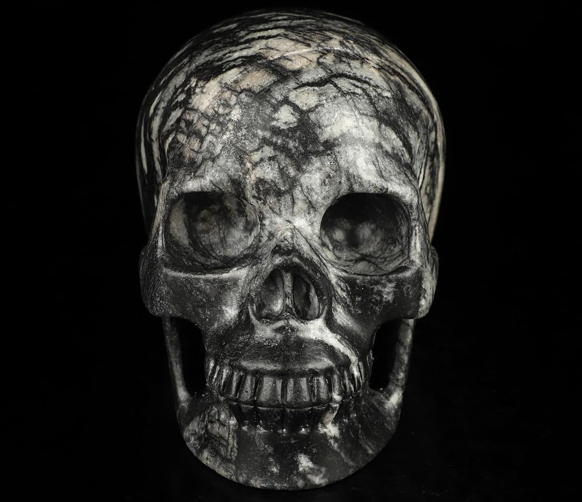 Skullis 5.0”Picasso Jasper Crystal Skull, Hand Carved Gemstone Fine Art Sculpture, Reiki Healing Stone Statue.2634.