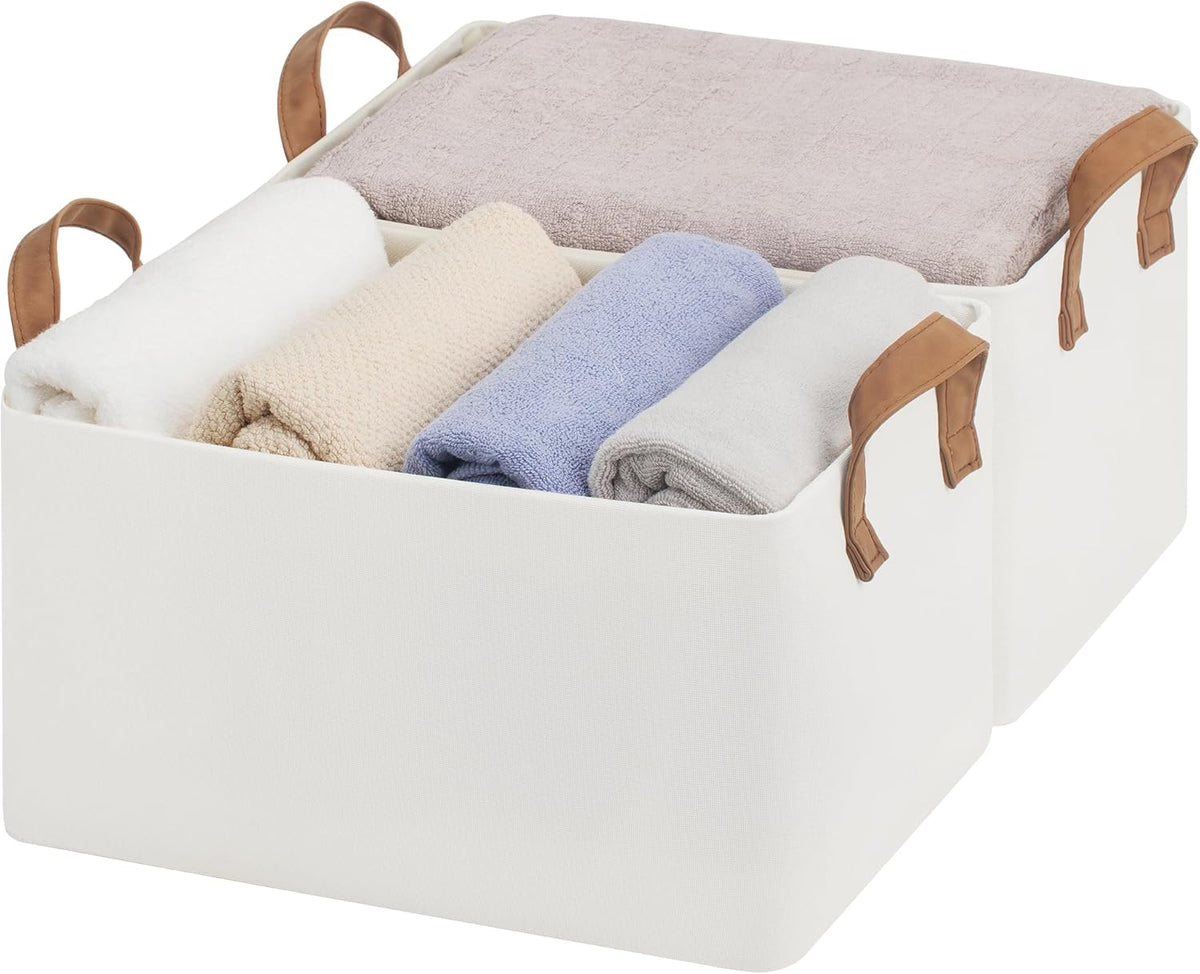 StorageWorks Storage Bins, Fabric Storage Bins for Shelves, Storage Baskets with Metal Frame, Closet Baskets and Bins with Handles, Beige, 2-Pack