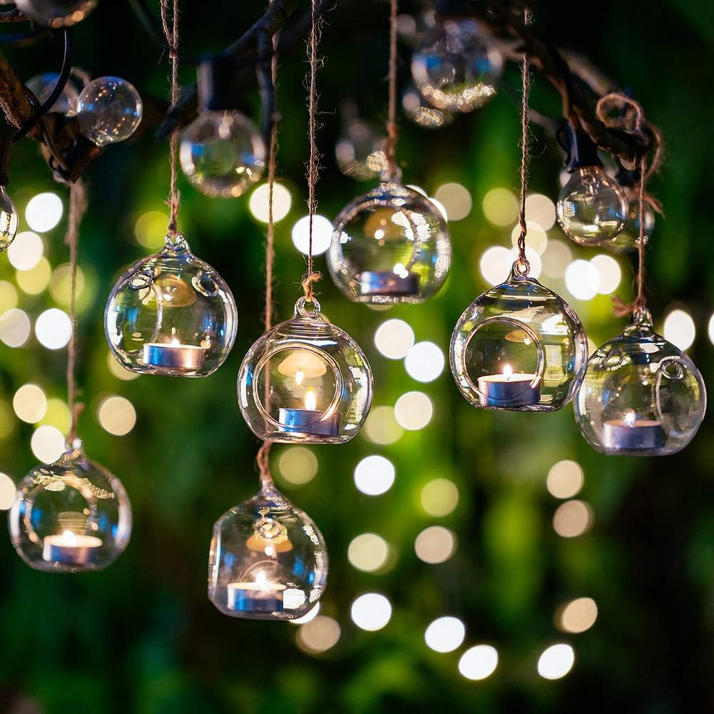 12 Pcs 3.15"/ 8cm Hanging Glass Tealight Holder Globe Plant Terrariums Glass Orbs Air Plants Tea Light Candle Holders Home Decor Indoor Outdoor Garden (with 2 Holes, 9 Pcs + 3 Pcs)