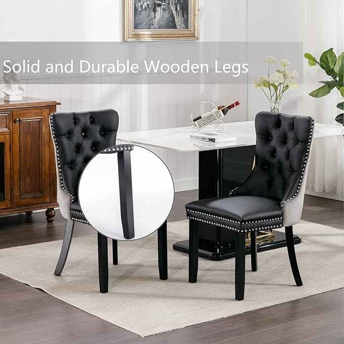 Dining Chairs Set of 6, Upholstered Dining Room Chairs with Back Ring Pull Trim and Solid Wood Legs, Modern Tufted Kitchen Chairs Perfect for Dining Room, Black Pu Leather Splicing Grey Velvet