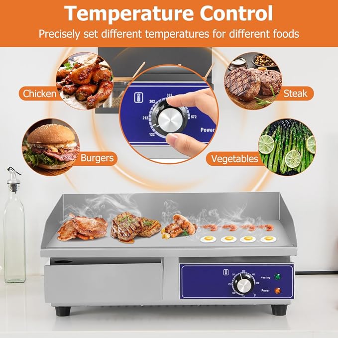 Happygrill 22" Commercial Electric Griddle, Stainless Steel Flat Top Grill w/Adjustable Temperature Control 122℉-572℉, Complete Accessories, 2000 W Electric Countertop Griddle for Kitchen Restaurant