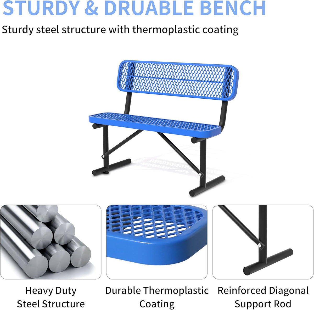 4 Feet Heavy Duty Metal Park Bench for Outside, Outdoor Bench with Backrest & Portable Frame, Commercial Benches for Shopping Malls, Stores, Parks, Patios, Decks, Blue