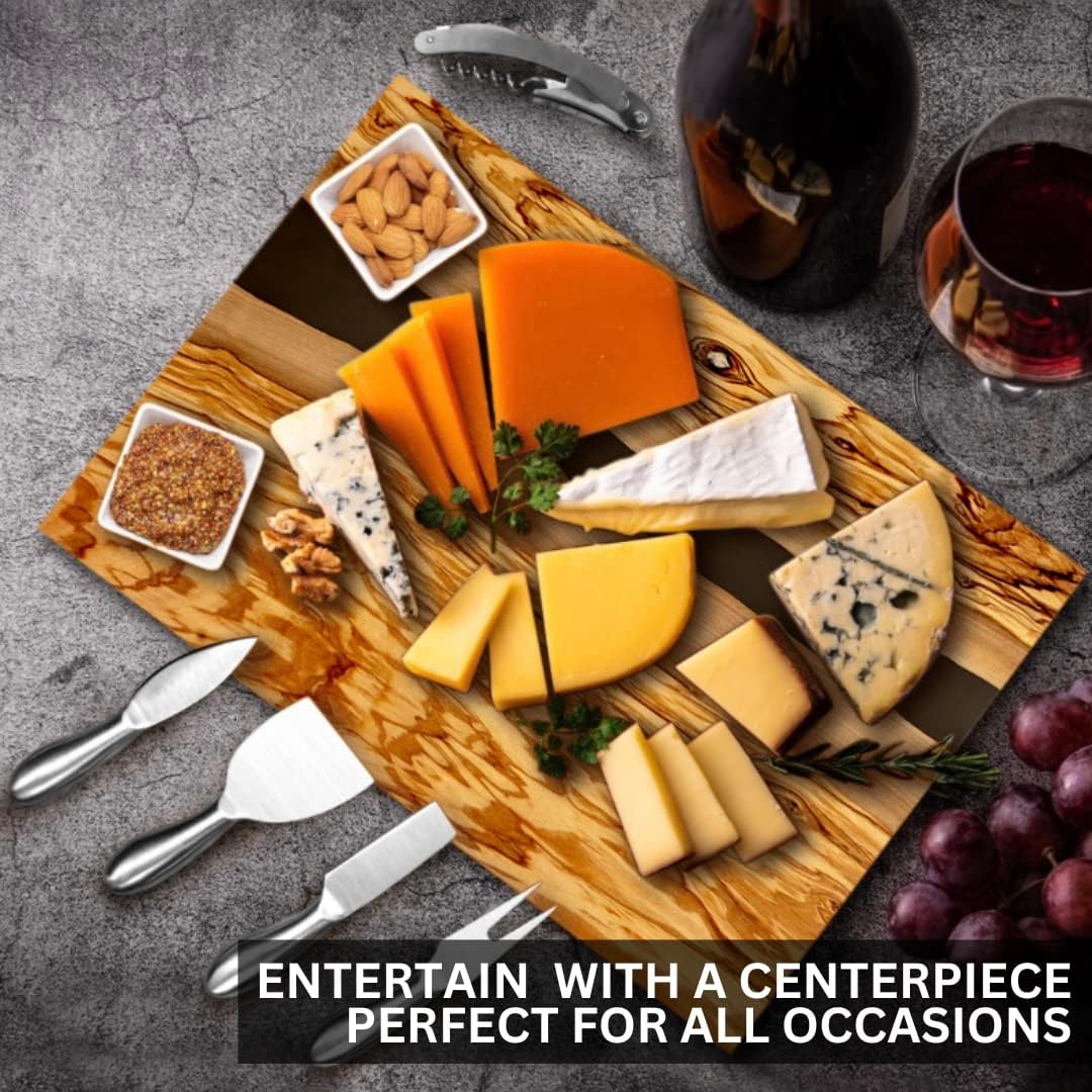 Handcrafted Italian Olive Wood Cheese & Charcuterie Board Set with Unique Black Resin Artwork - Cutting Board Comes with 4 Cheese Knives, 2 Dipping Bowls & Corkscrew Wine Opener (Black)